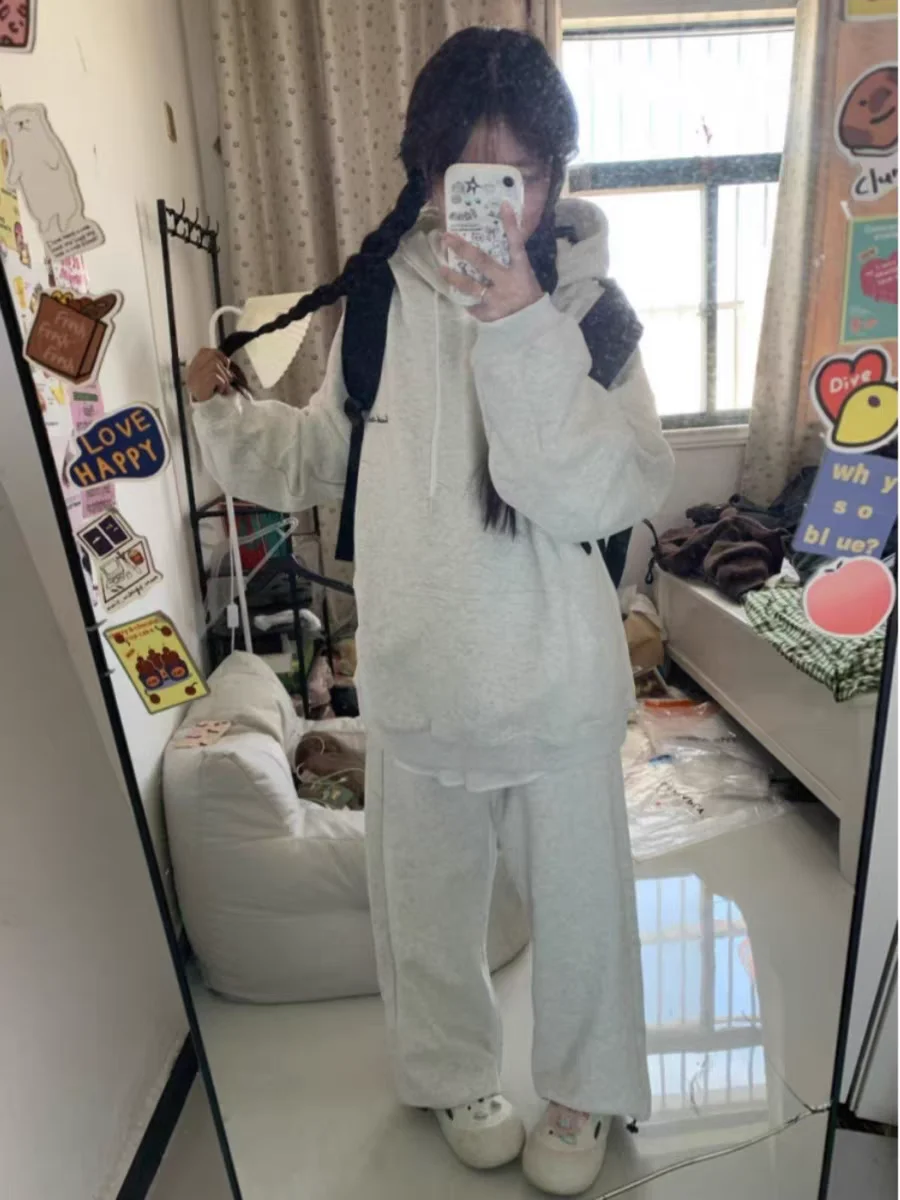 مجموعة سويت شيرت بقلنسوة جديدة للربيع والخريف للنساء - بلوزة فضفاضة بأكمام طويلة على الطراز الكوري وسراويل طويلة طقم مكون من قطعتين