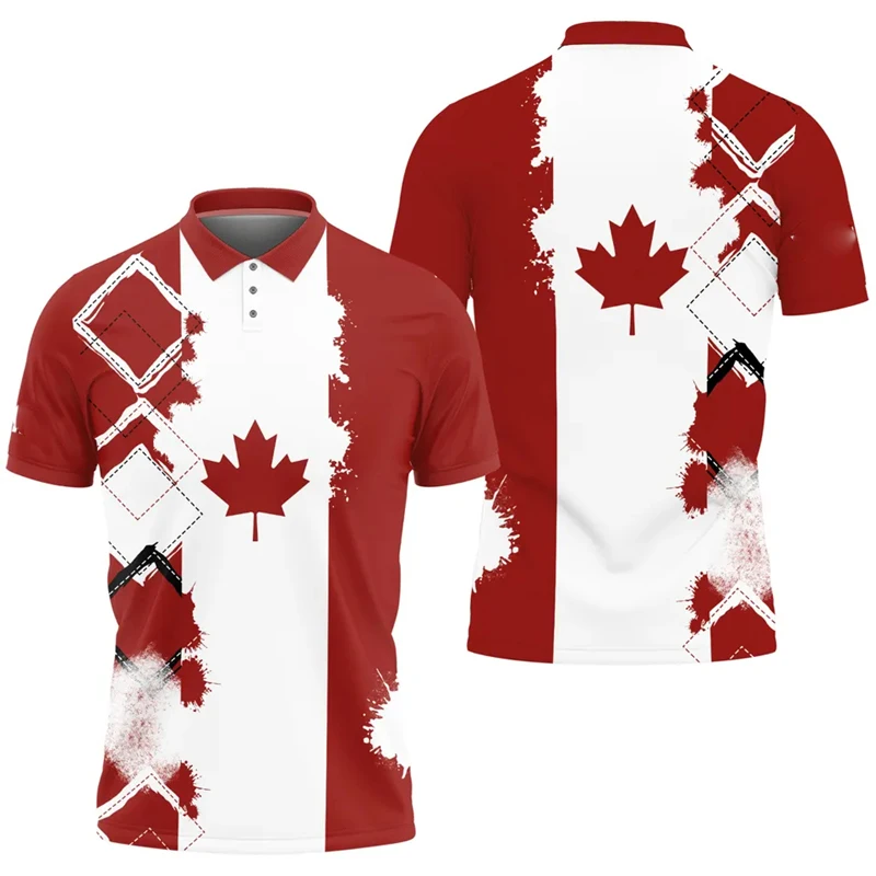 Maple Leaf Flag Polo Shirt For Men's Clothing Canada Flag Graphic Short Sleeve Golf Red Top Summer Trend New Streetwear Shirts