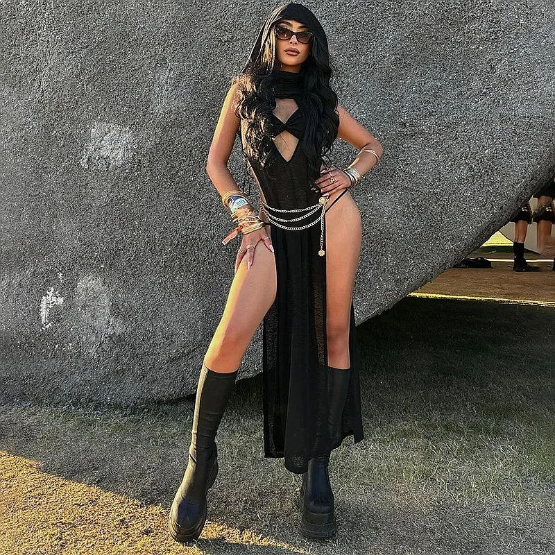 Sexy Sleeveless Hollow Out Backless Split Long Dress Summer Evening Dresses Women Bodycon Jumpsuit