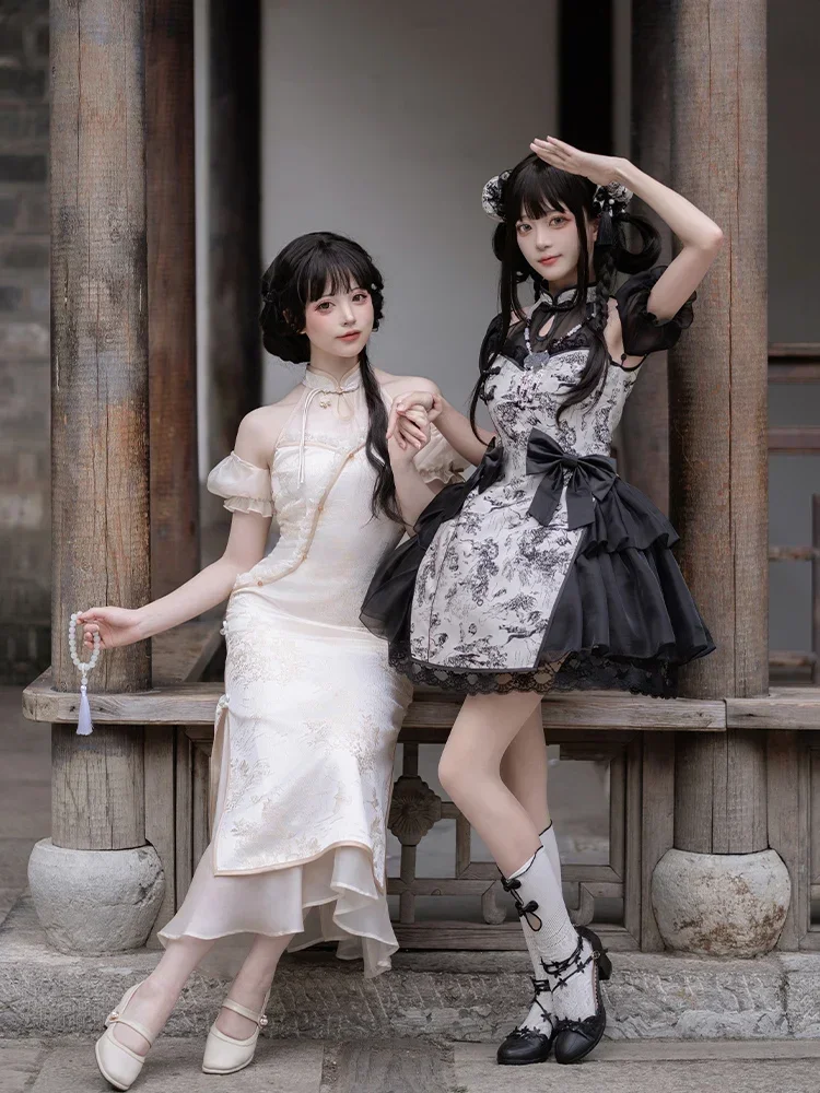 Nuovo abito corto op originale in stile cinese con grembiule Abito lungo cheongsam retrò Abiti stampati estivi con fiocco Lolita da donna