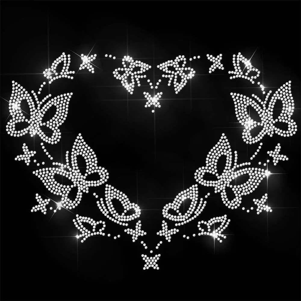 White Rhinestone Iron on Transfer Love Butterfly Bling Hotfix Patches for Clothes 11.6