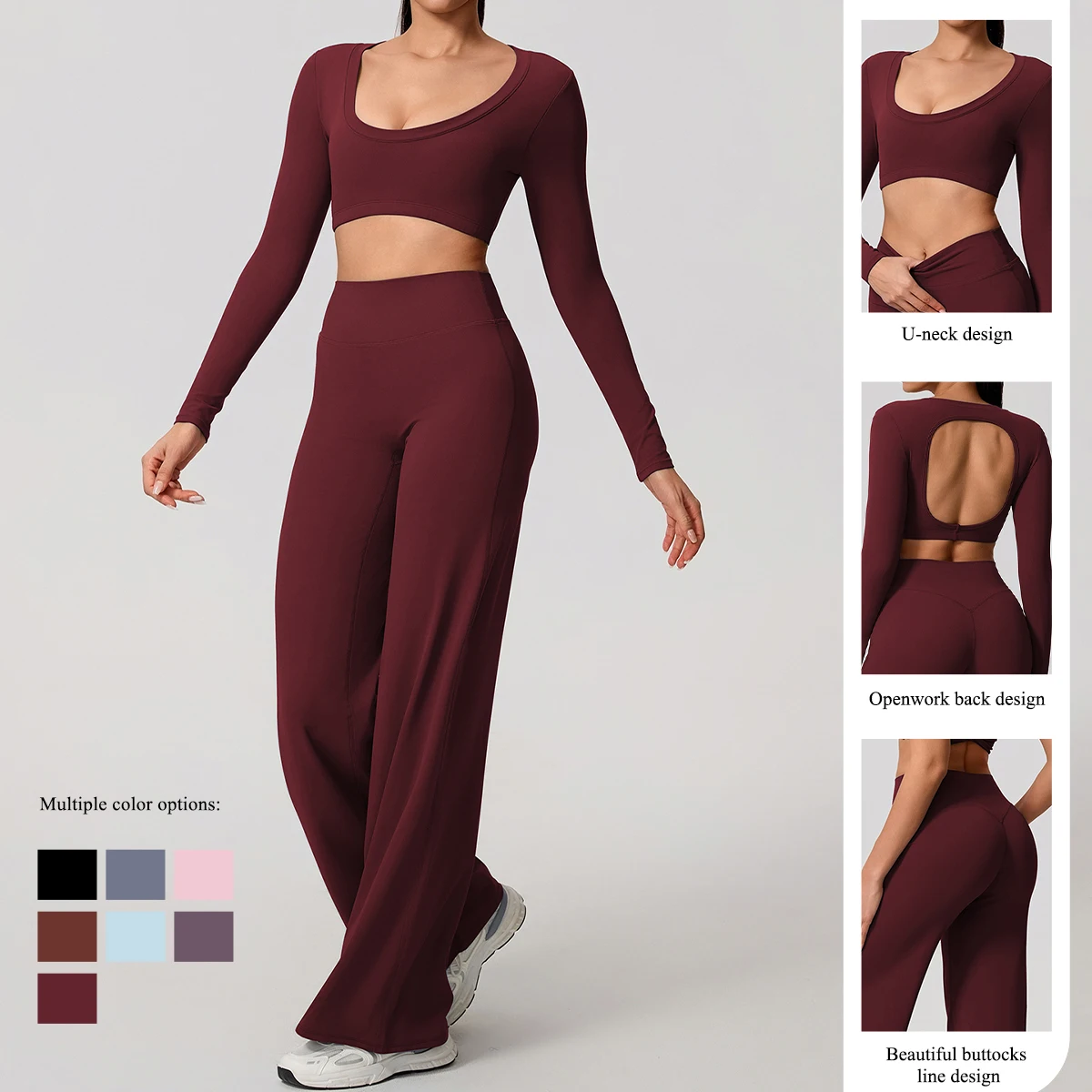 Hearuisavy Sports Set 2Pcs Women's  Long Sleeve Backless Fitted Fitness Top Push Up Pilates Yoga Top Wide Leg Straight Leg Pants