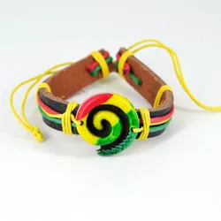 Spiral Helix Africa Jamaica Rasta Reggae Punk Hiphop Leather Bracelet red yellow green Wristband Fashion Jewelry