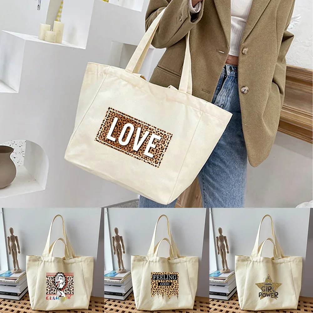 

Women Canvas Shopping Bag Leopard Series Printed Female Trend Canvas Shoulder Bag Eco Handbag Tote Reusable Grocery Shopper Bags
