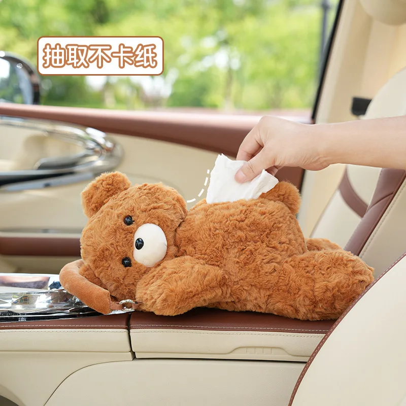 

Plush Bear Car Tissue Box Multifunctional Car Armrest Box Paper Box Cute Cartoon Hanging Tissue Box Car Decoration Accessories