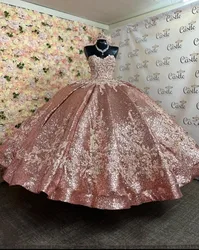 Rose Pink Puffy Princess Quinceanera Dresses 2023 Floral Applique Gillter Sequins Lace-up Corset Prom Sweety 15 xvideo 16 anos