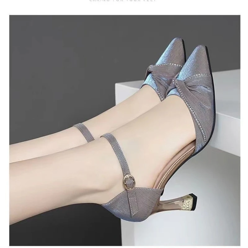 2024 Summer New External Wearing Women\'s Sandals Pointed Water Diamond Shallow Mouth Flat Buckle Comfortable High Heels