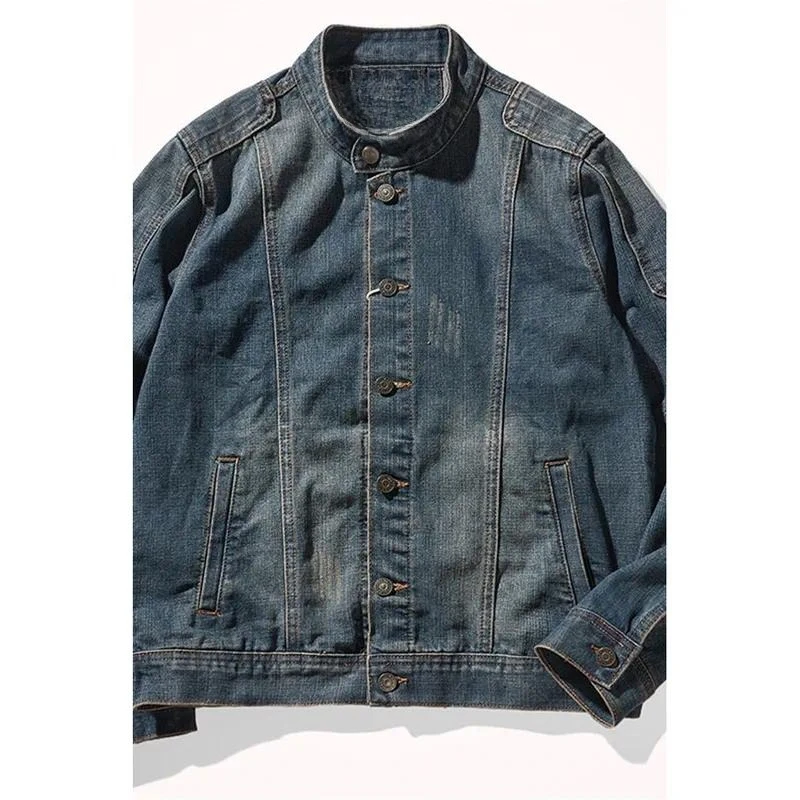 2026 Men's Vintage Washed Denim Jacket Retro Stand Collar Spliced Design Casual Streetwear Outerwear