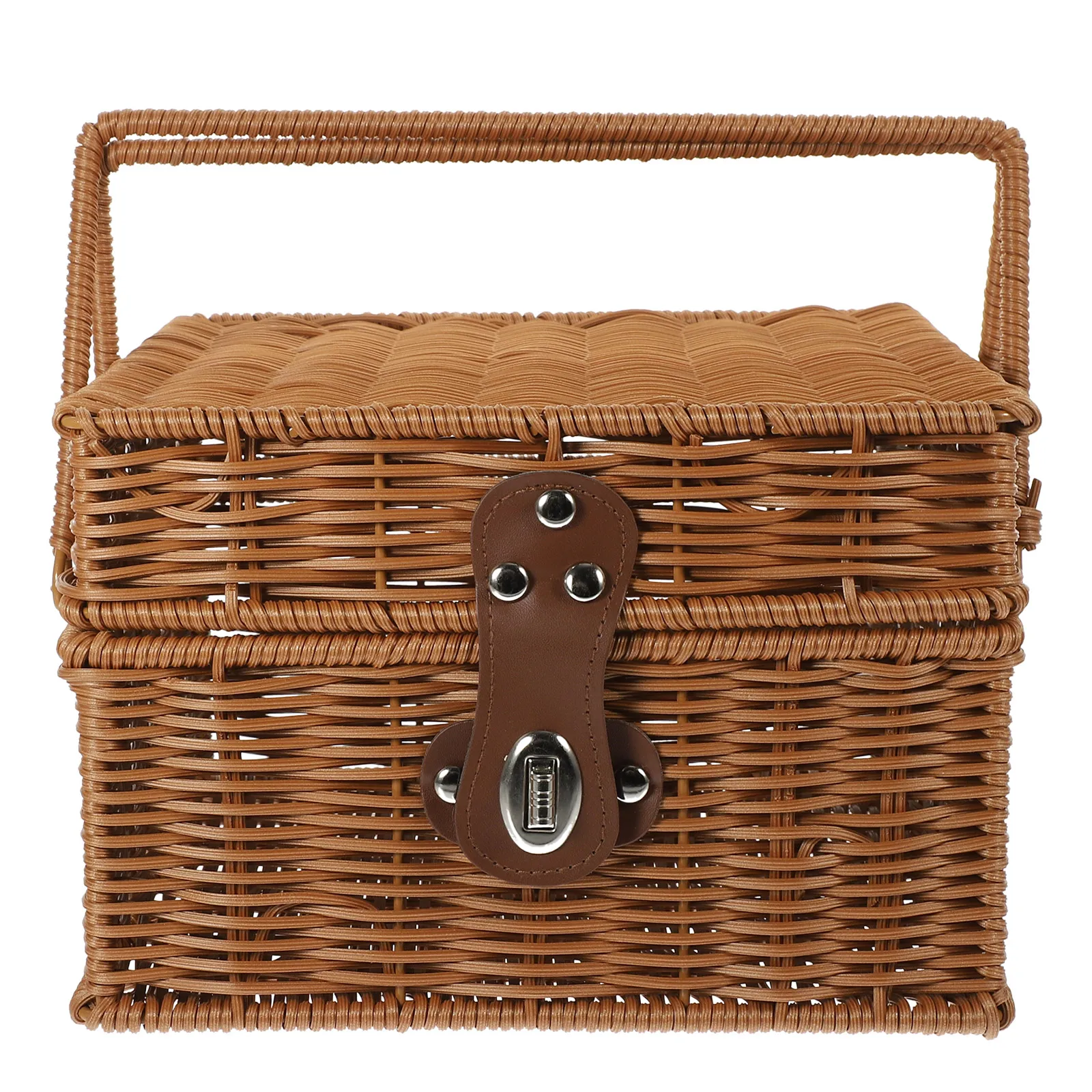 

1pc Portable Woven Storage Pp Material Large Fruit Food Organizer Handle Gift Camping Home Sundries Container Lidded Durable