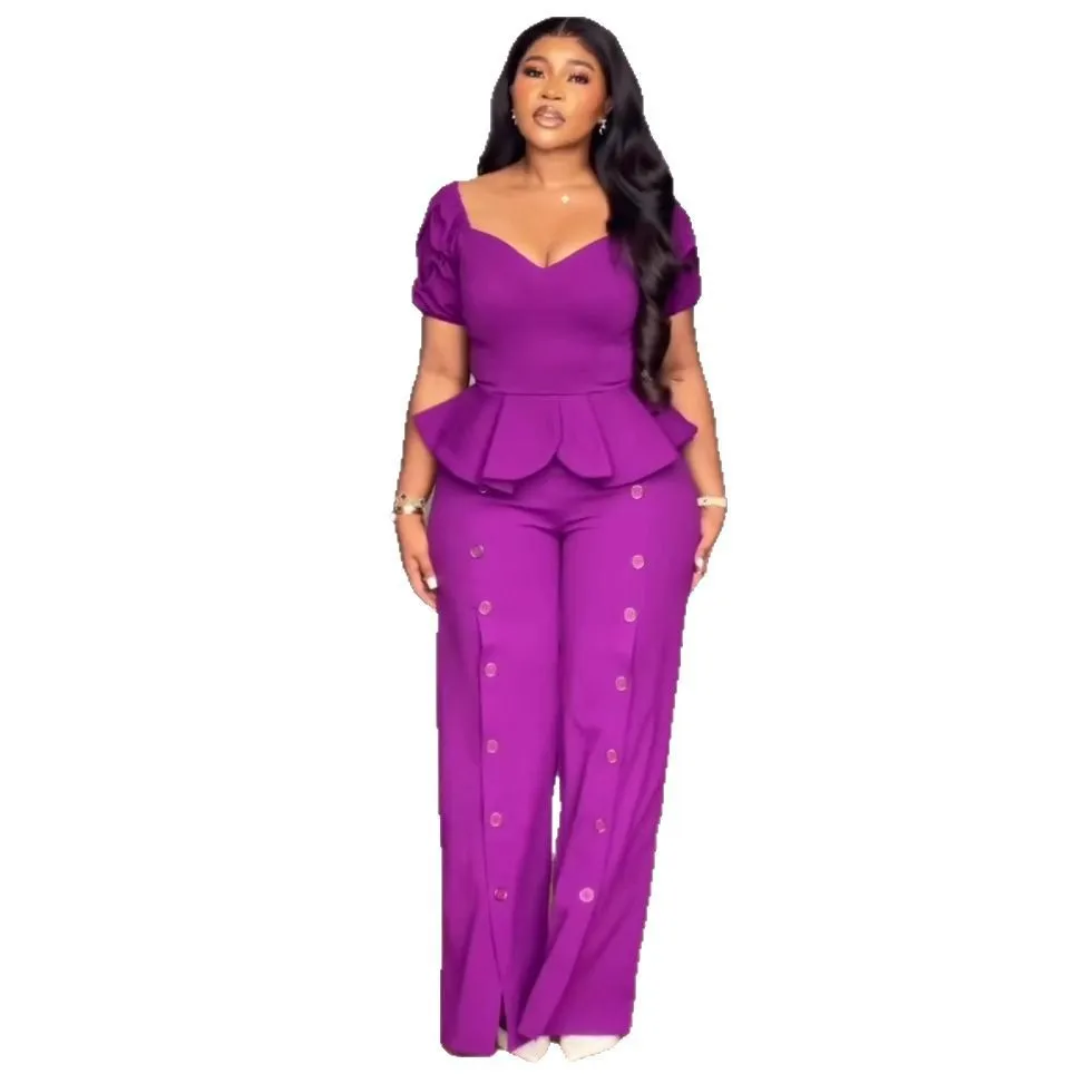 Novedad de verano, moda para mujer, Color sólido púrpura, conjuntos informales de 2 piezas a la moda, camisetas de manga corta con cuello en V, pantalones de pierna ancha para mujer