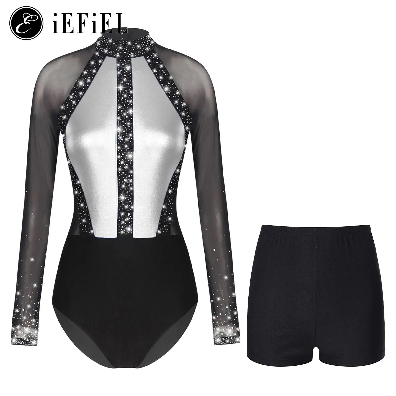 

Women‘s Gymnastics Ballet Ice Skating Dance 2 Pcs Outfit Metallic Long Sleeve One Piece Leotard with Shorts Athletic Bodysuits