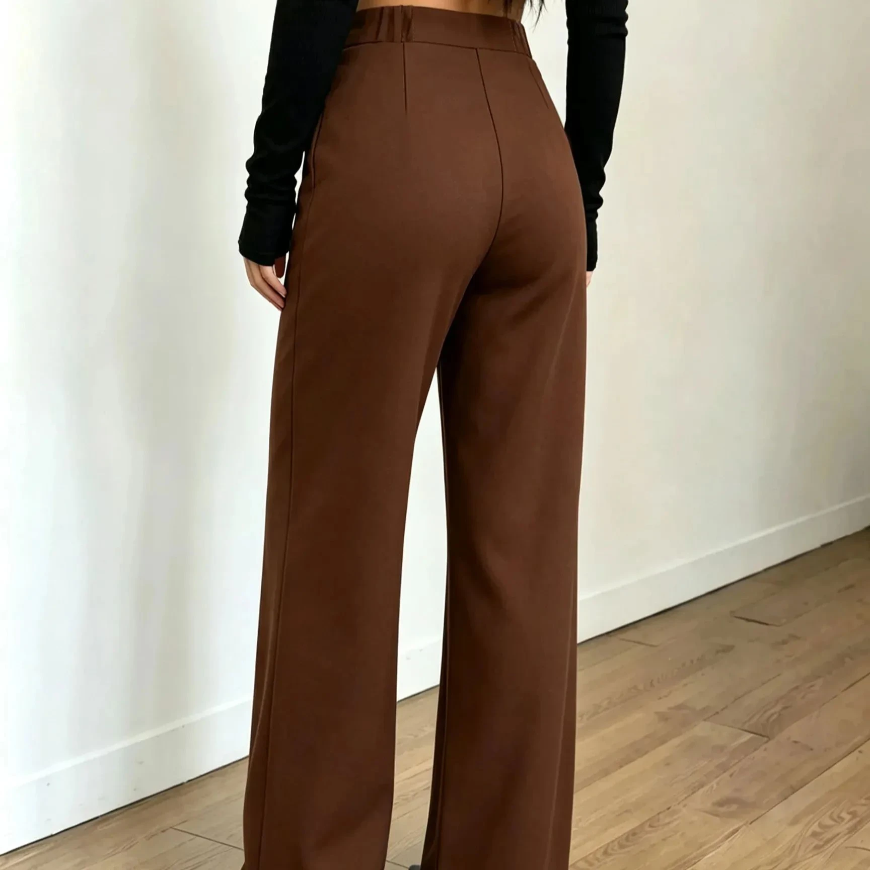 Women High Waist Wide Leg Dress Pants Front Stitch Design With Pockets Office Business Casual Trousers New