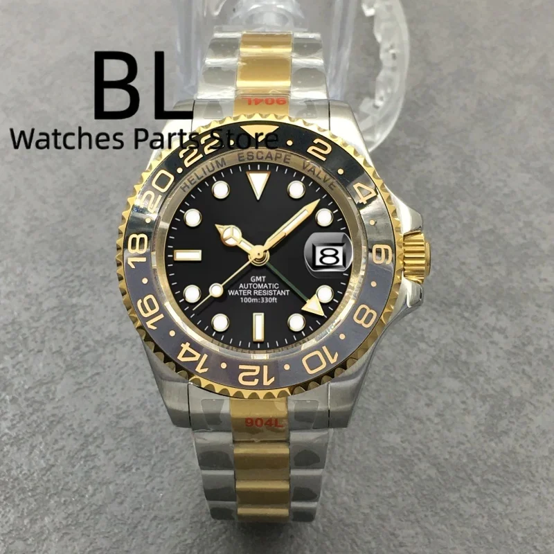 BLIGER 43MM Big Size GMT Watches For Men Luxury Full Gold Rootbeer Two Tone Rose Stainless Steel Sapphire Glass Waterproof Watch