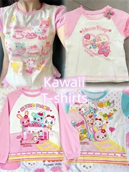 Japanese Kawaii Crop Tops Cartoon Print Harajuku Lolita Short Sleeve T-shirts Women Y2k Aesthetic Slim Tee Vintage Fairy Grunge
