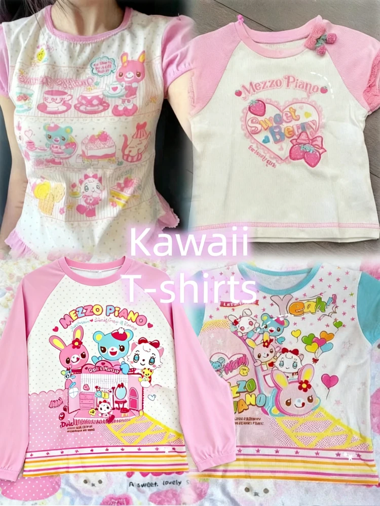Japońskie krótkie bluzki Kawaii nadruk kreskówkowy Harajuku Lolita t-shirty z krótkim rękawem damskie Y2k estetyczna wąska koszulka Vintage Fairy Grunge