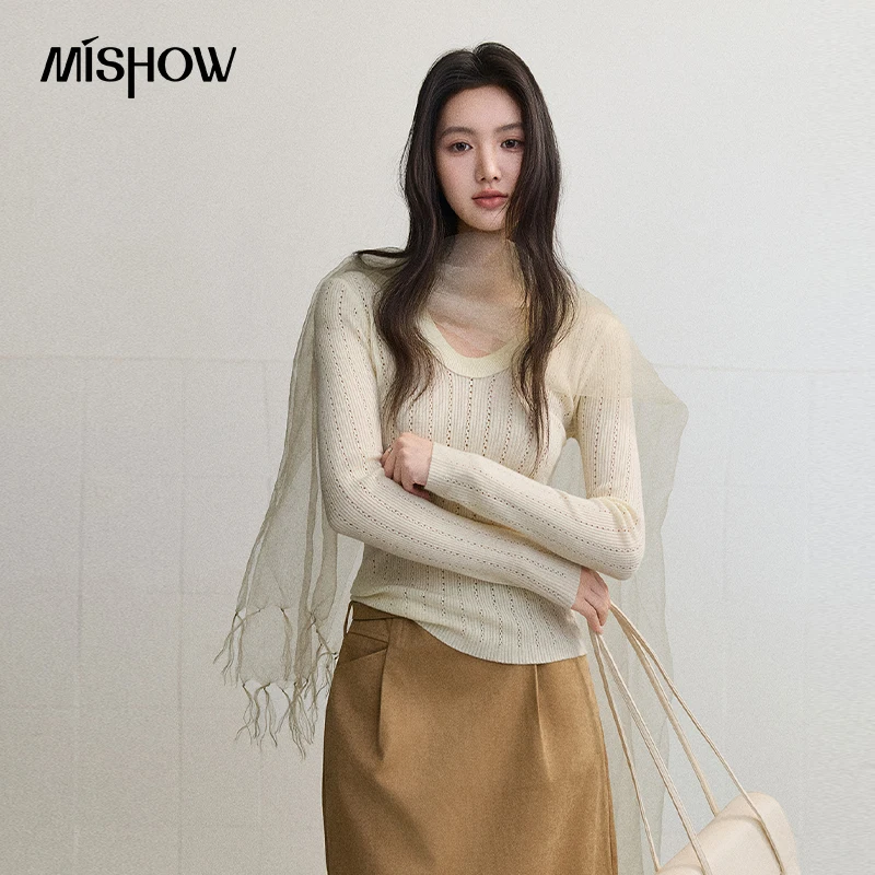 MISHOW Women's Long Sleeve Tops 2026 Autumn Wool Blend Vertical Rib Hollow Out Pullover Slim Fit Commuter Clothing MXF45Z3206