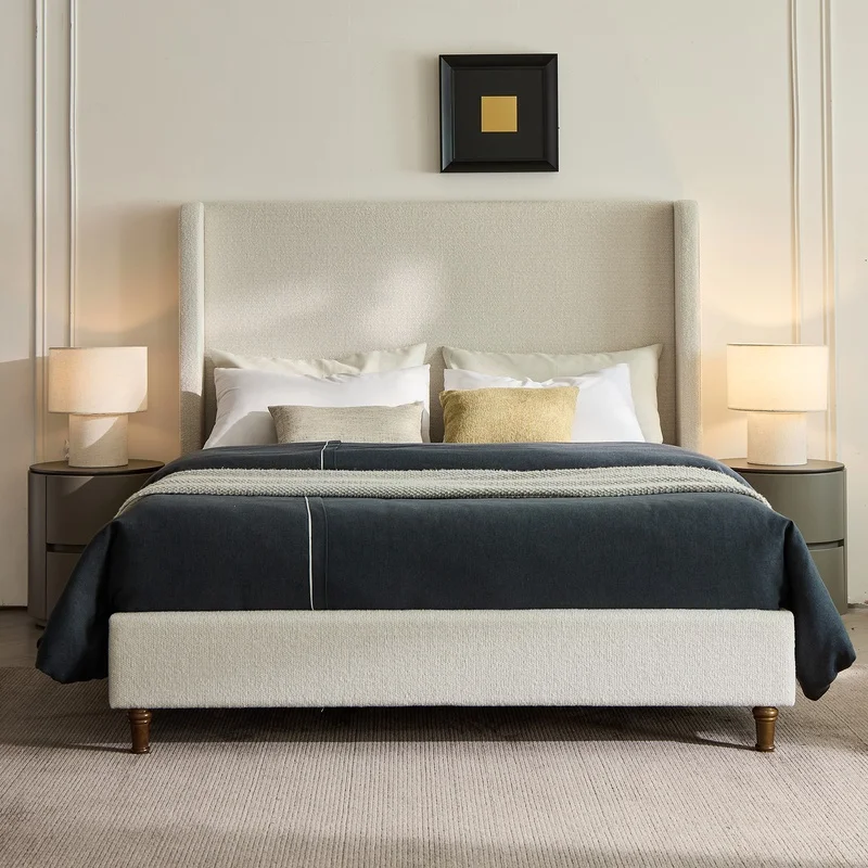 

Cream White Boucle Upholstered King Bed with 54" Tall Headboard, No Box Spring Required, Simple Design, Easy Assembly