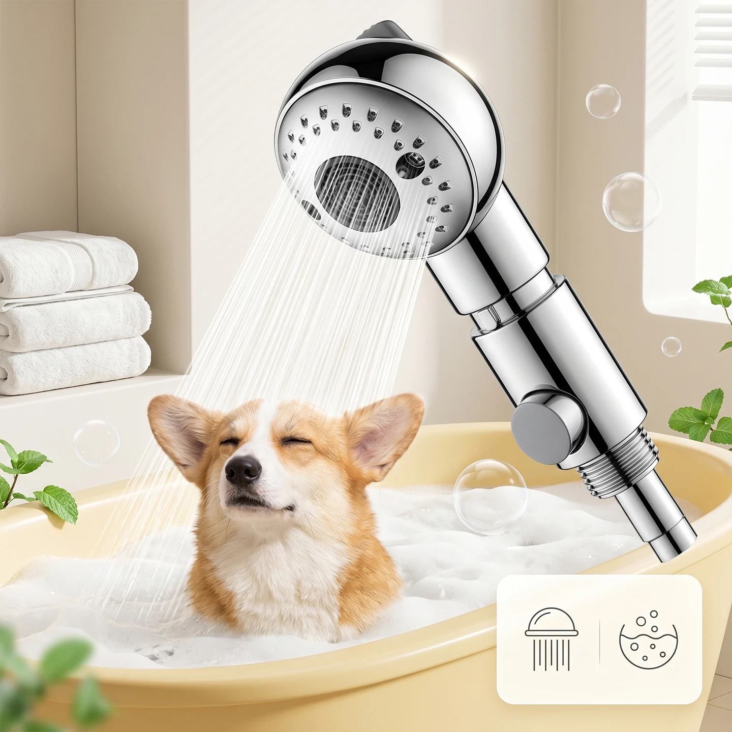 Cabezal de Ducha Silencioso Premium para Mascotas, 3 Ajustes de Chorro de Agua, Interruptor de Parada con una Sola Tecla, Accesorio Compacto y Portátil para el Cuidado de Perros y Gatos