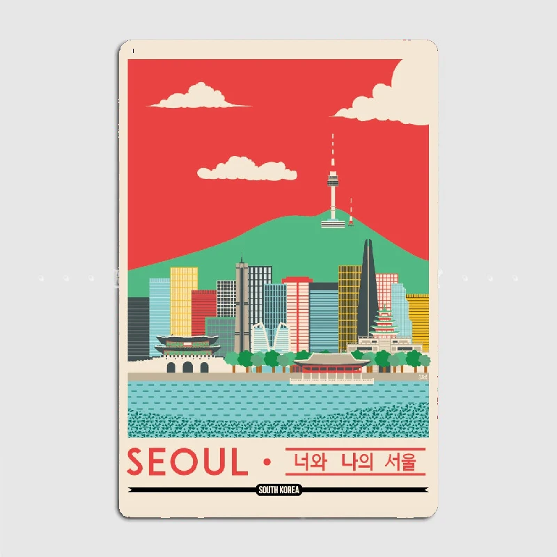 Seoul Print South Korea Poster Travel Poster Metal Tin Sign Truck Indoor and Outdoor Home Bar Coffee Kitchen Wall Decoration