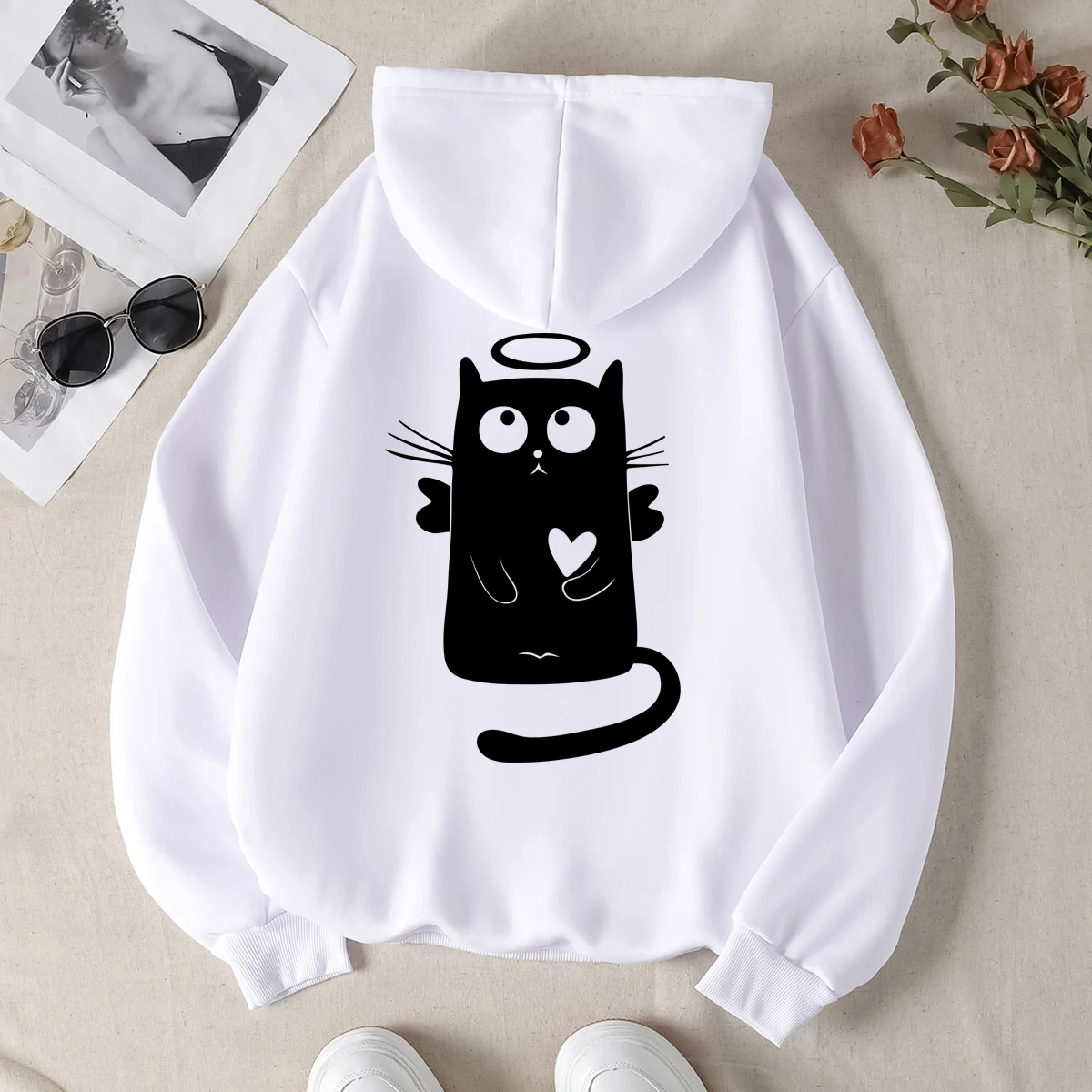 Women's Cute Cat Print Sweatshirt, Women's Hoodie, Loose Wool Sweatshirt, Hip Hop Cartoon Clothing, Fall