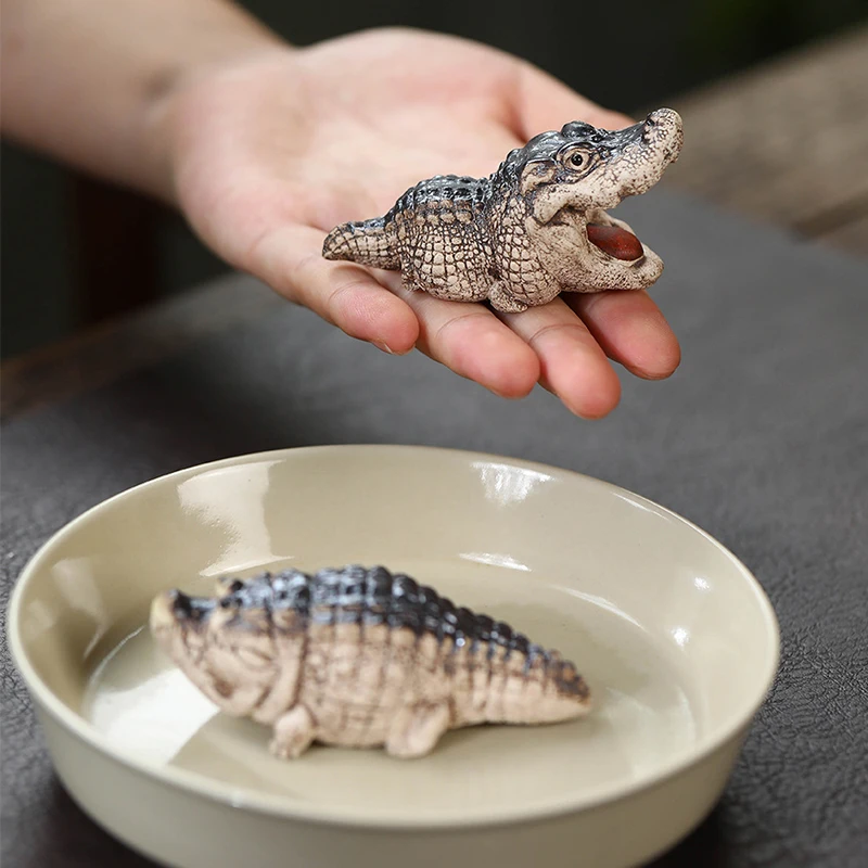 

Purple Sand White Jade Clay Tea Pet Crocodile Kung Fu Tea Lucky Ornament Zisha Realistic Animal Sculpture Table Desk Home Decor