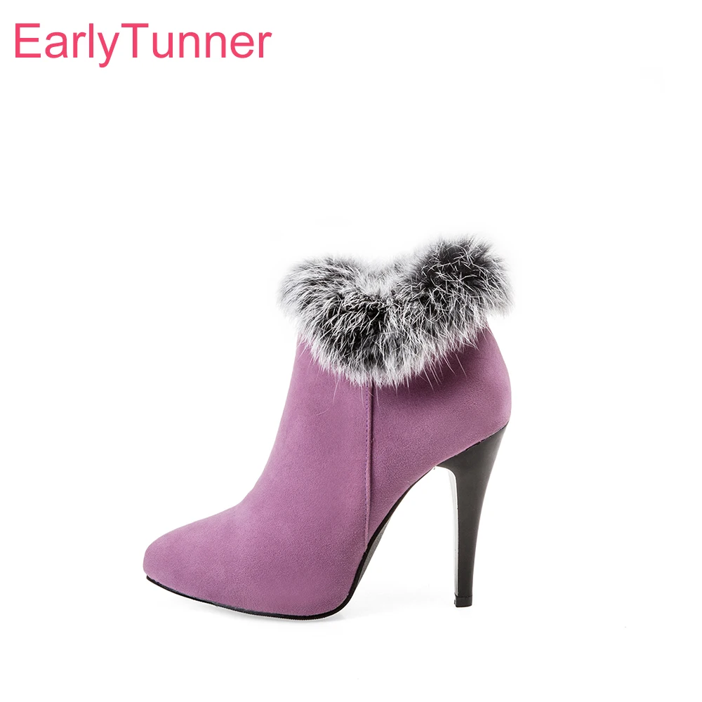 

2025 New Winter Mature Purple Black Women Ankle Boots Fur High Stiletto Heels Lady Shoes Plus Small Big Size 11 33 43 46 49