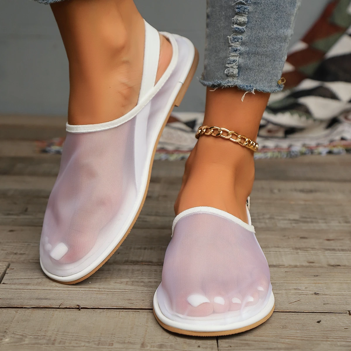 Summer Luxury Flat Sandals Women Back Trip Strap Scuffs Shoe Fashion Platform Sandals White Mesh Breathable Casual Female Slides