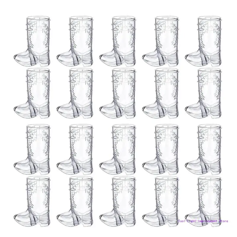 C63E Pack of 20 Mini Clear Plastic Shot Cup Cowboy Theme Decoration Cowboy Boot Plastic Cup Fun Party Supplies