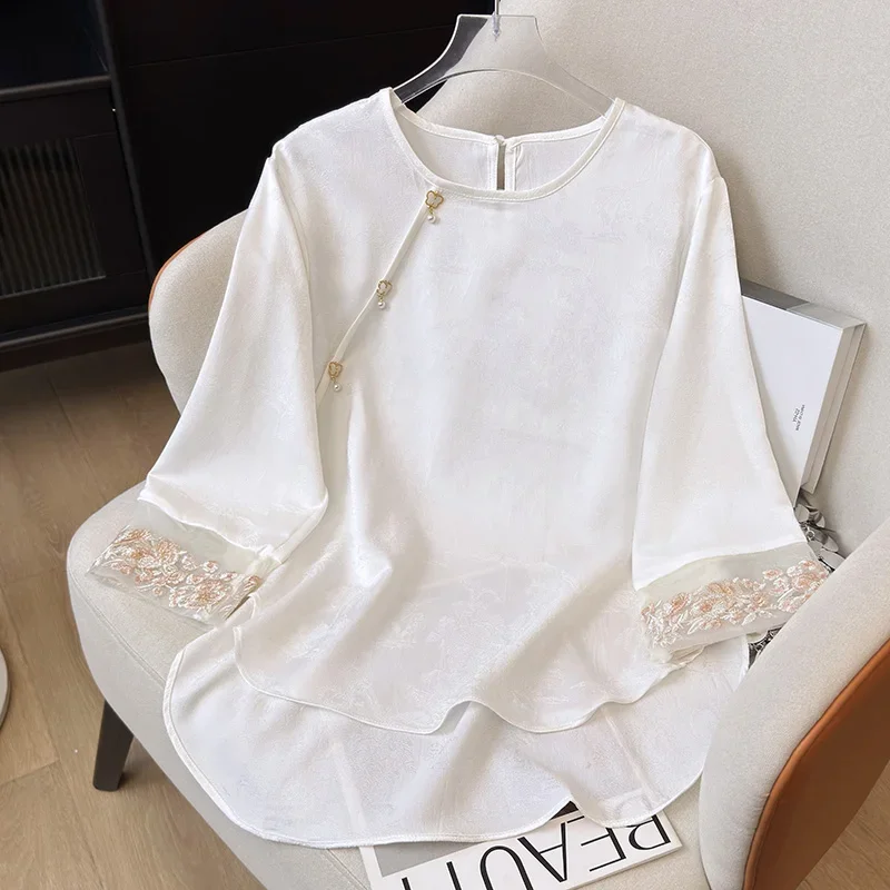 

Chinese Style Women's Blouses Printed Vintage Shirts Fashion Loose Summer Clothes O-neck Short Sleeved Satin Women Tops