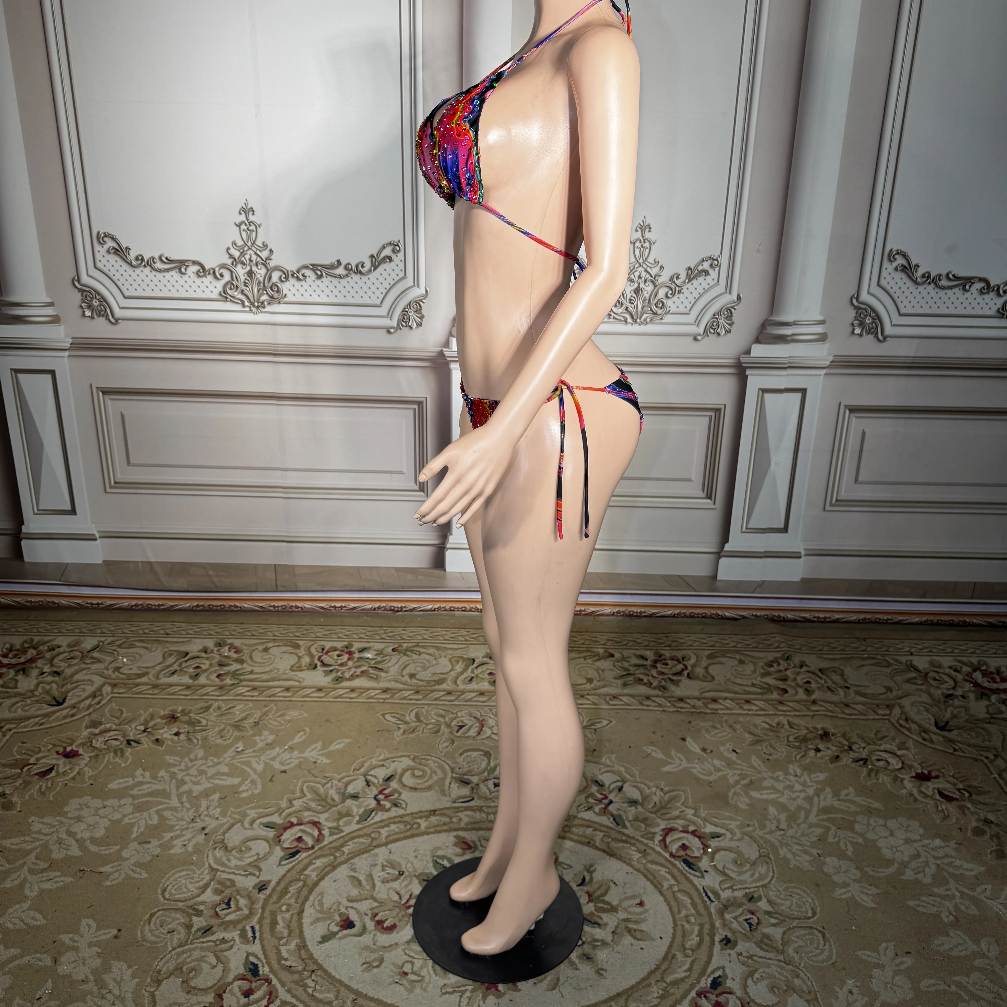 

ZD Retro colorful printed deep V-neck bikini set sexy three-point swimsuit summer beach vacation beach pool party swimsuit