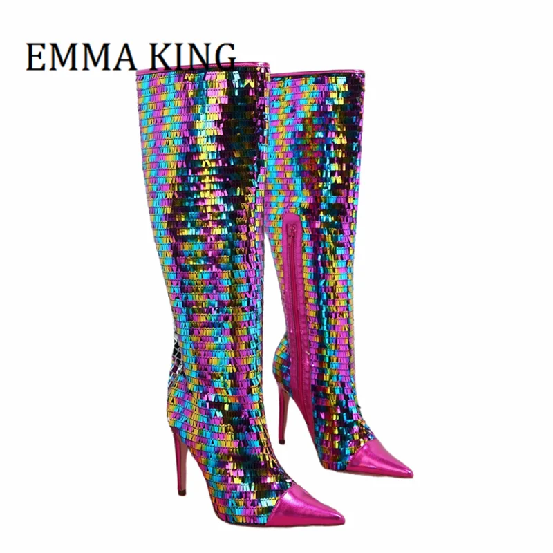 Women Rectangular Sequin Knee High Boots Sexy Pointed Toe Stiletto Heel Multicolor Boots Ball Party Bling Bling Dress Shoes 44