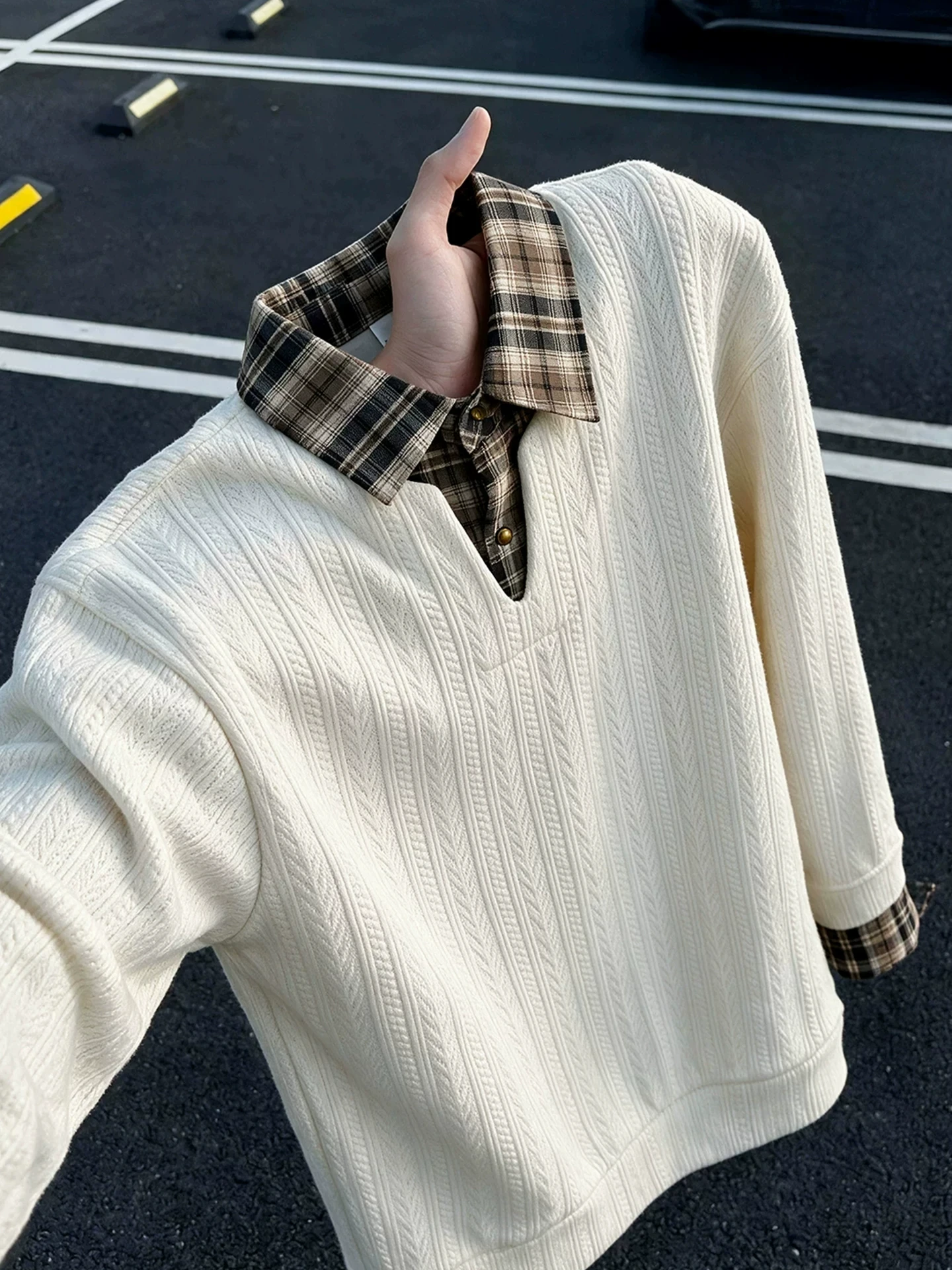 Men's  Shirt Hoodie Long Sleeve Texture Plaid Flip Collar Jacket Autumn Casual Style Regular Fit No Brand Registered Trad...