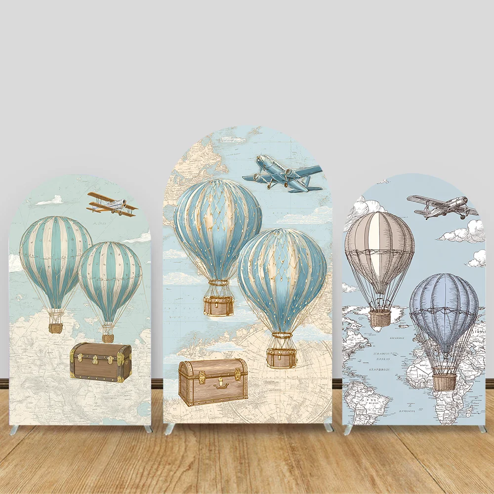 Adventure Arch Backdrop Cover Hot Air Balloon Airplane Baby Shower Birthday Party Custom Chiara Wall Panels Travel Map Elastic