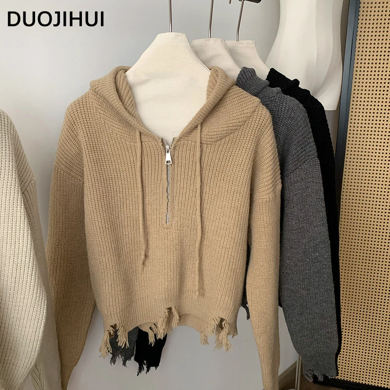 DUOJIHUI Chic Zipper Hooded Drawstring Sweater Women Pullover New Hollow Out Pure Color Fashion Simple 4-colors Female Pullover