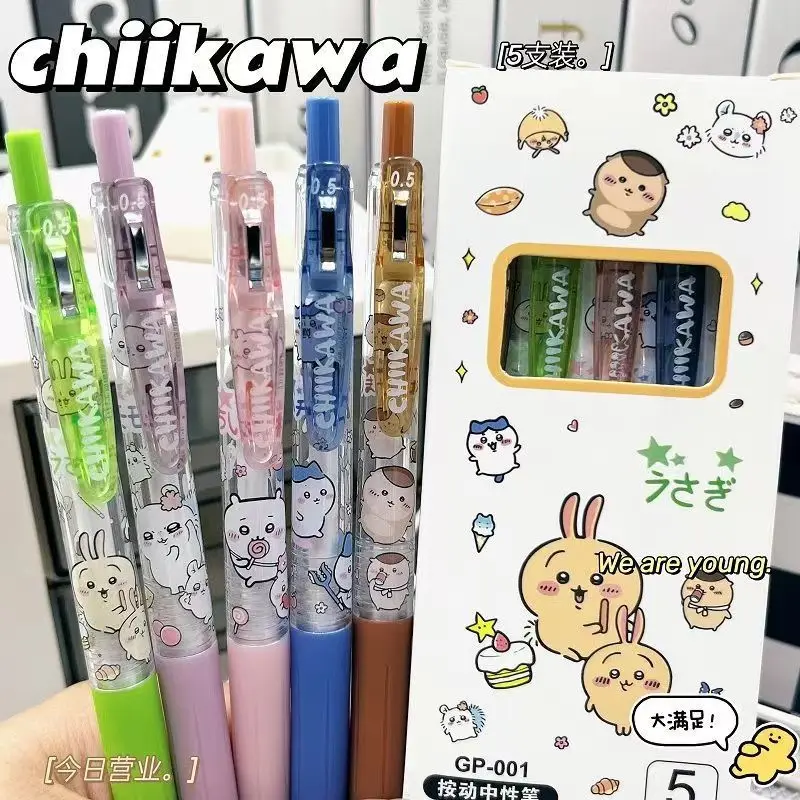 5Pcs Kawaii Miniso Chiikawa Unisex Pen Hachiware Usagi Cute Anime 0.5Mm Black Unisex Pen Cute Student Girl Limited Edition