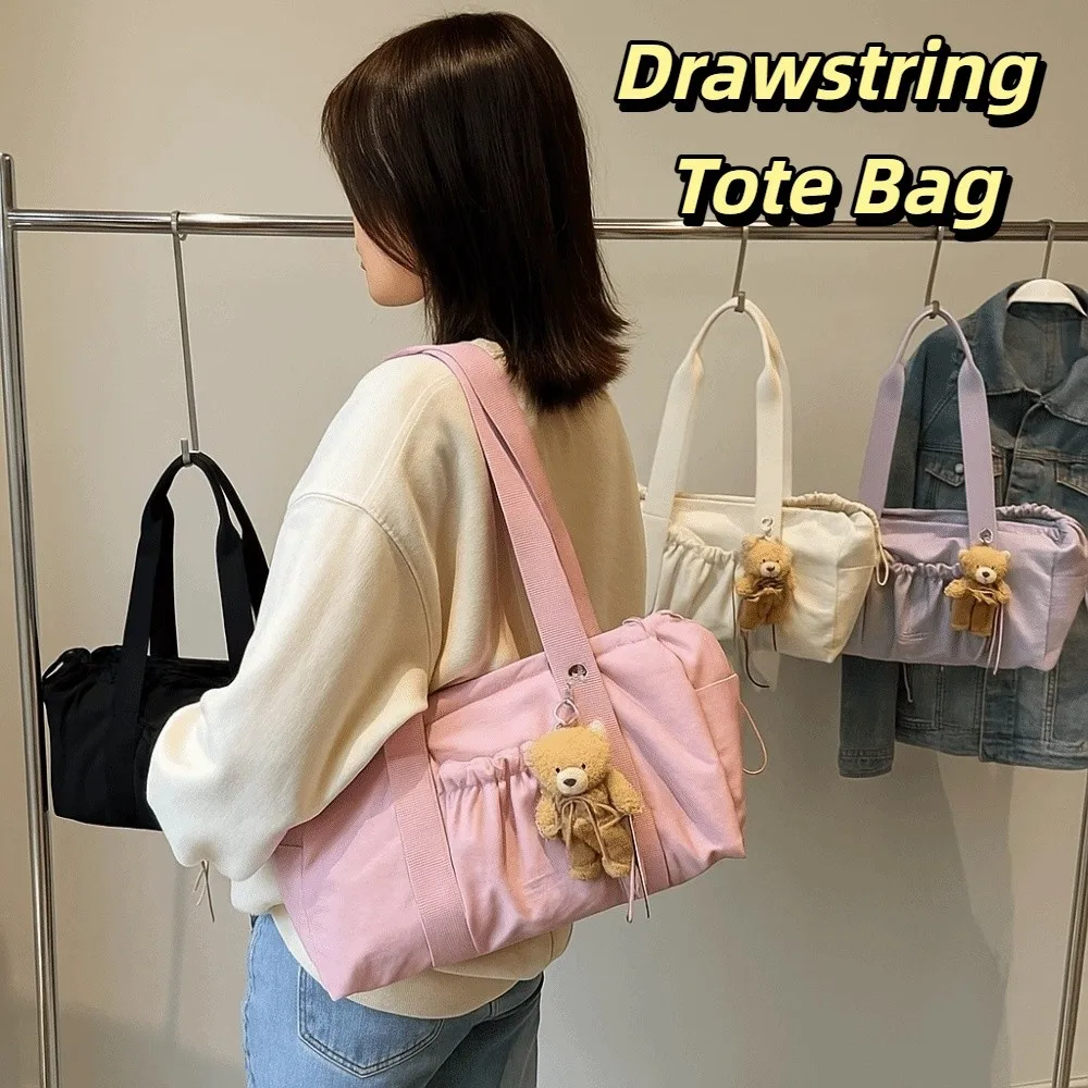 

Casual Sweet Drawstring Tote Bag Large Capacity Solid Color Nylon Shoulder Bag Pleated Minimalist Lightweight Handbag Outdoor