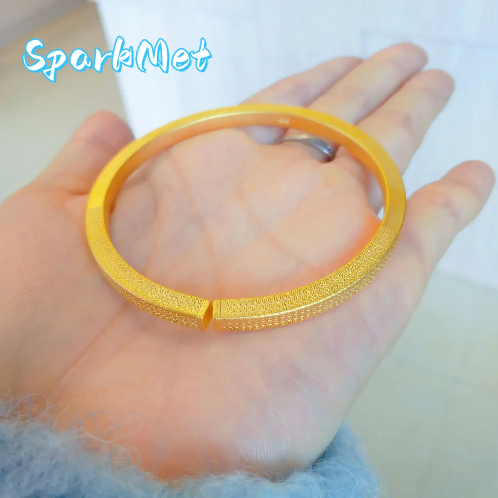 

Christmas 24K Yellow Gold Fangyuan Chisel Engraved Bracelet, 9999 Real Gold Ancient French Tide Court Solid Bracelet Birthday Gi