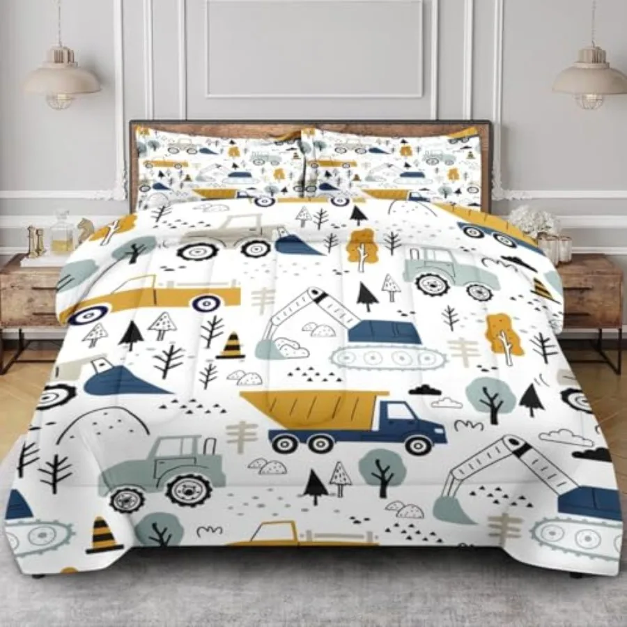 

Cute Construction Comforter Set for Boys Teens Toddlers Adults, Tractor Excavator Boho Bedding Sets Water Washed Microfiber Bed