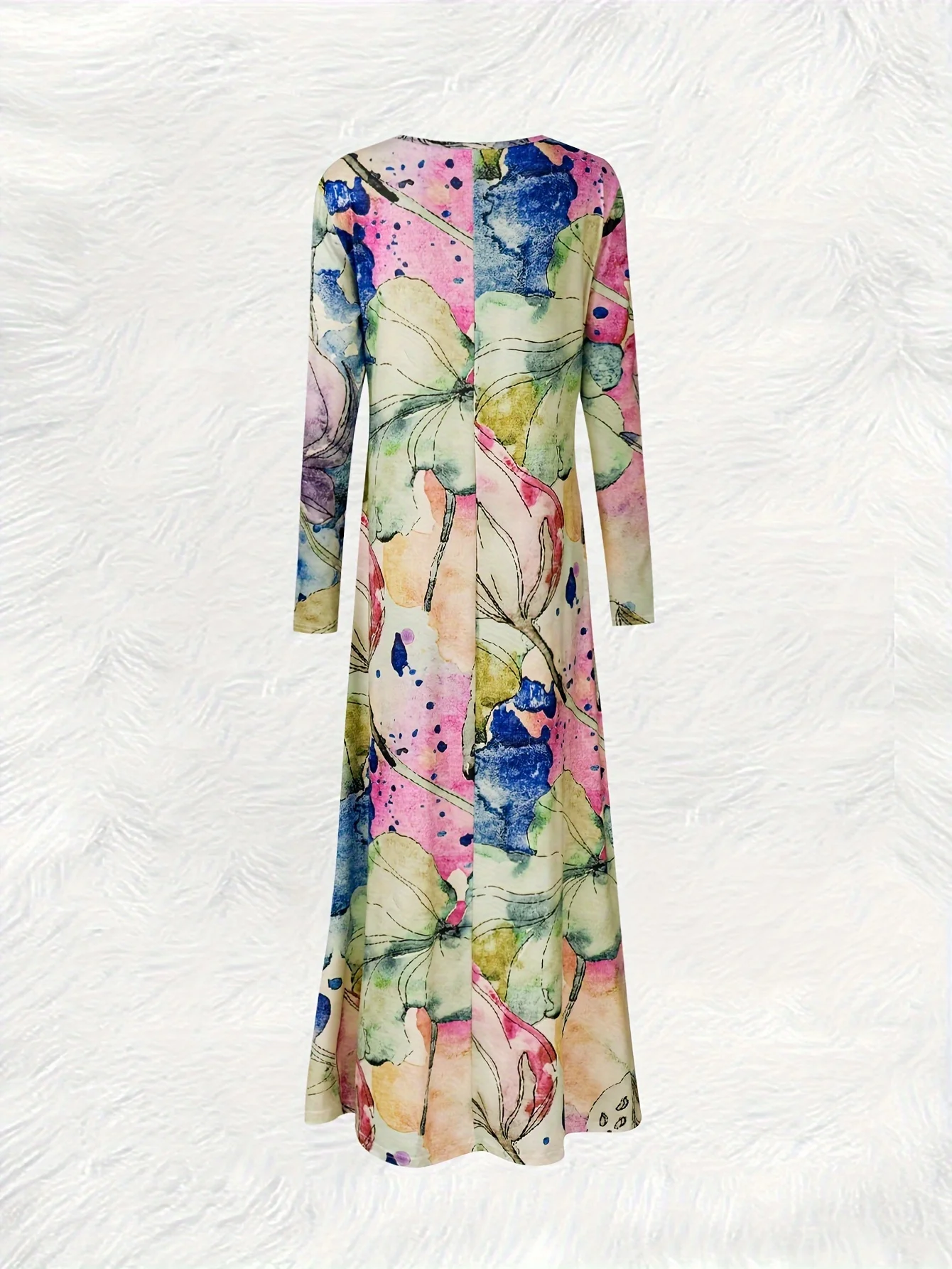 Women's Long Sleeve Round Neck Dress Vacation Style Watercolor Floral Abstract Art Print A-Line Midi Dress Summer Casual