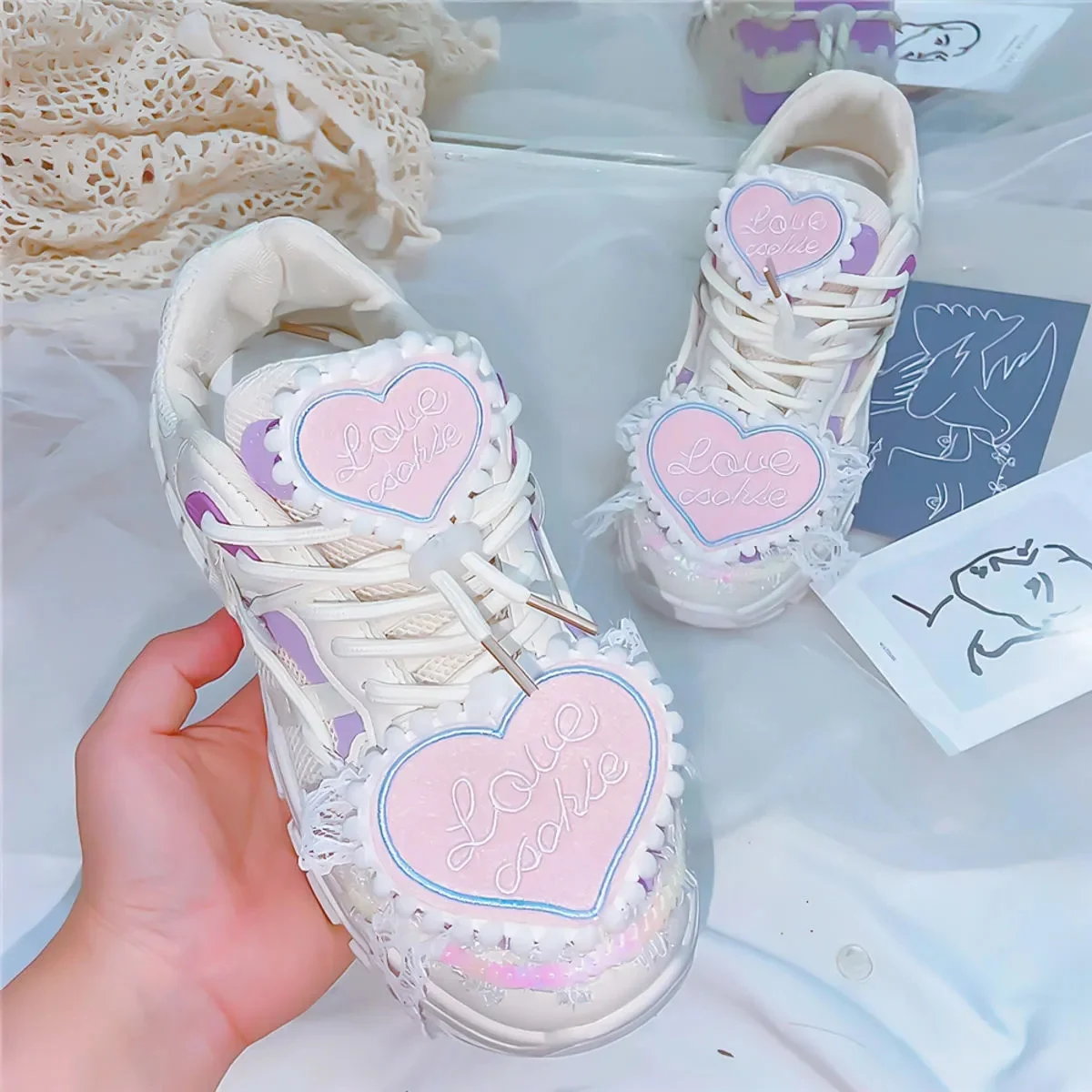 Japanese College Sports Style Shoes Cosplay Victoria Cute Girl Round Head Thick Bottom Mesh Lace Letters Love Thick Bottom Shoes