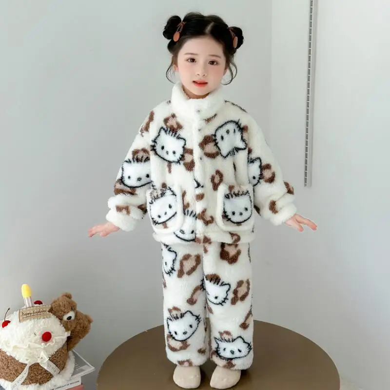 

Sanrio Hello Kitty Winter Pajamas Two-Piece Set Tops Pants Girl Thicken Child Kawaii Anime Cartoon Fashion New Casual Homewear