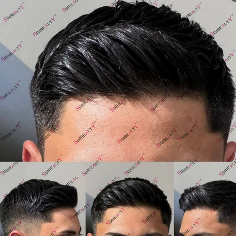 130% كثافة الشعر البشري رخيصة بولي الجلد خط الشعر الطبيعي الرجال الشعر المستعار الأسود جيت أسود بني رمادي الشعر الاصطناعية قطع الشعر شعر مستعار #2