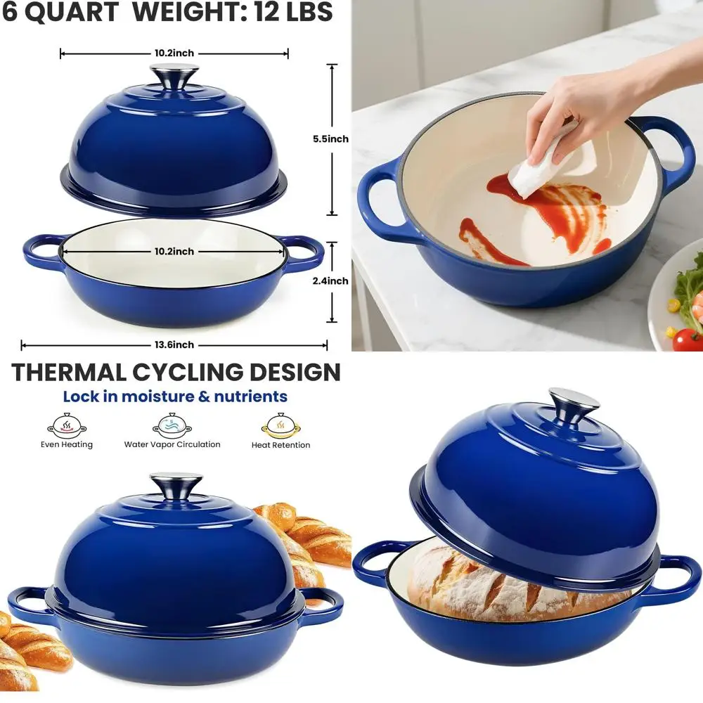 

Эмалированная чугунная печь для хлеба, 6 литров, безопасная в духовке до 500 ° F, Синий, Идеально подходит для выпечки хлеба