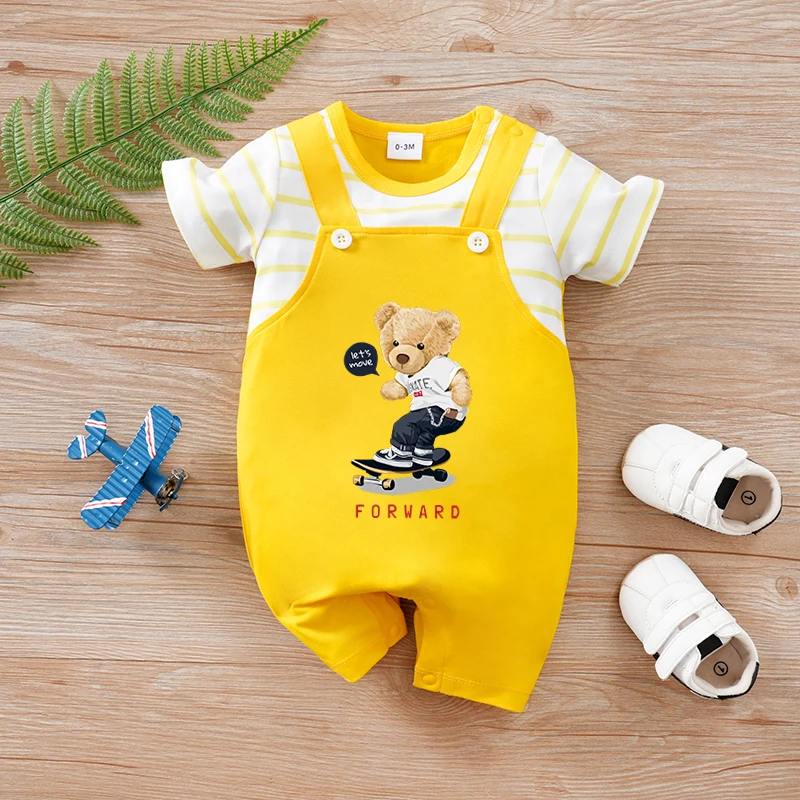 Newborn baby summer short-sleeved fake two-piece strap yellow super cool skateboard bear soft and comfortable round-neck one-pie