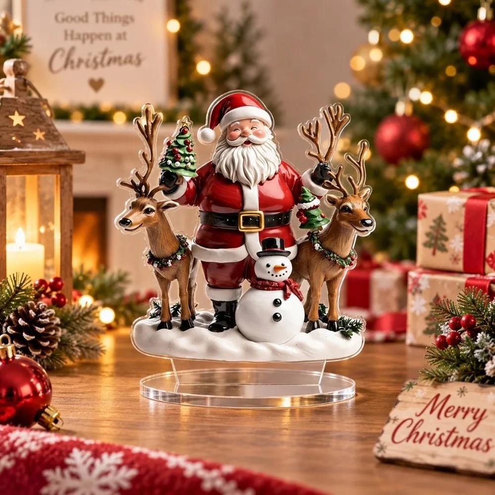 2D Flat Christmas Scene Ornaments Elk Snowman Carousels Xmas Tabletop Decoration Acrylic Prayer Girl