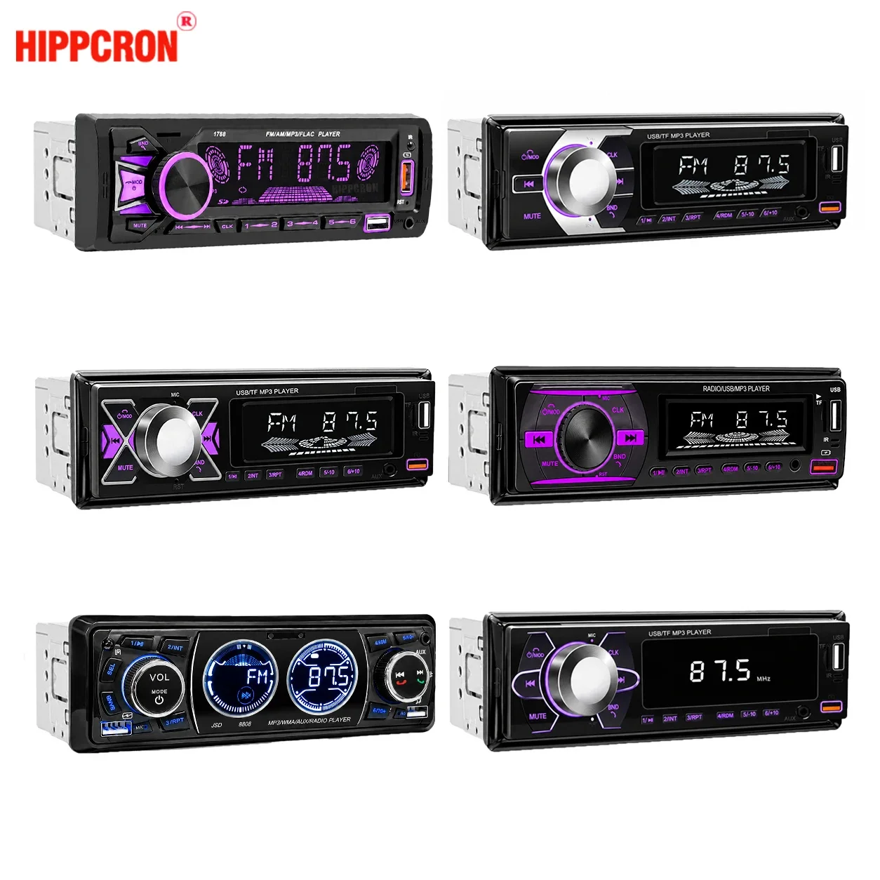 HIPPCRON 6 IN1 Car 1DIN Radio Audio Stereo MP3 Player BT5.1 Multimedia Digital Stereos FM For Car Universal Colorful AUX USB ISO