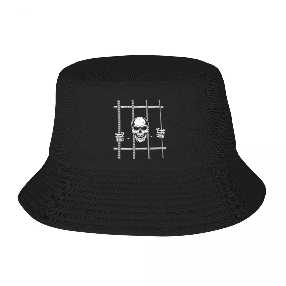Retro Design，Behind 4 Strings. Skull Bassist. Skeleton Behind Bass Guitar Strings. Bucket Hat Vintage Black Mens Caps Women's