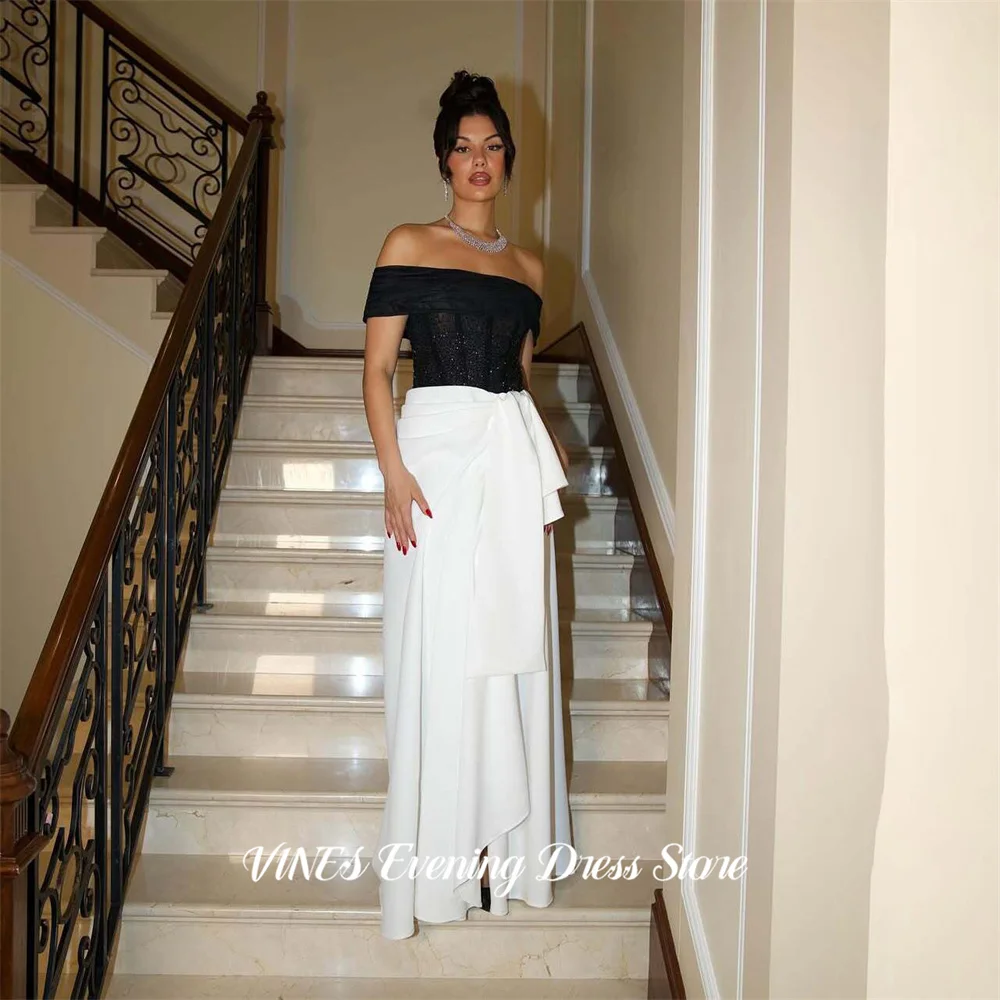 

VINES Black and White Prom Dresses Off the Shoulder Formal Dresses Zipper Back Floor Length Party Dresses for Women Customized