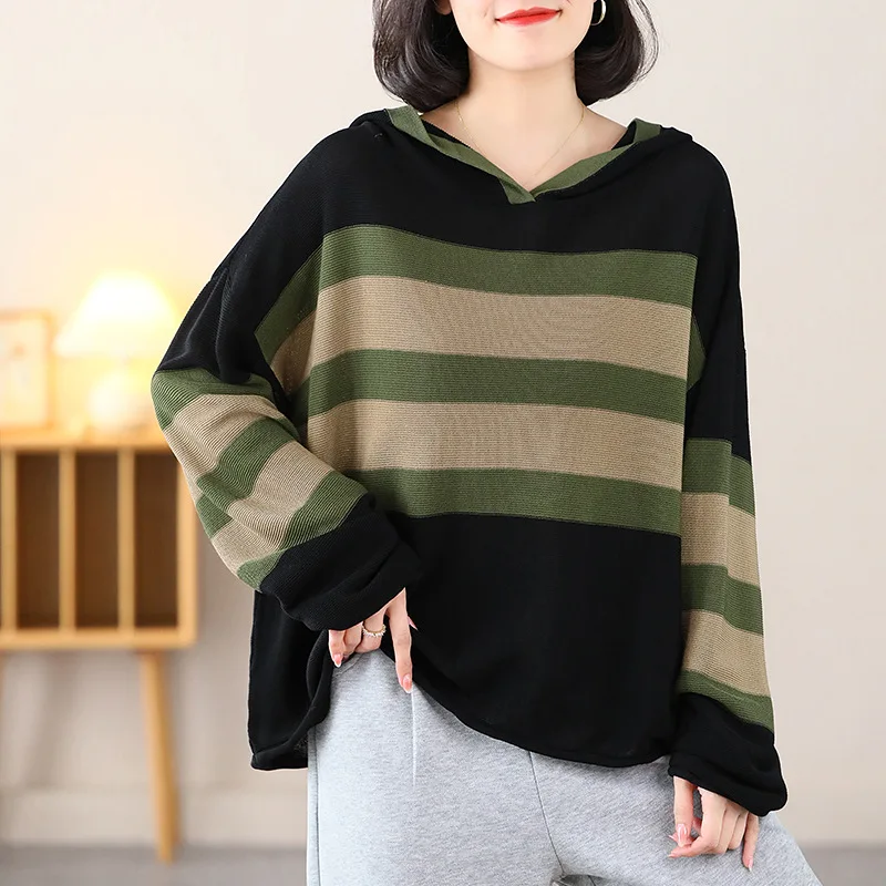 Women's Autumn Winter Stripe Long Sleeve Hoodie Sweater Fashion Versatile Pullover Casual Loose Female Clothes Elegant Lady Tops