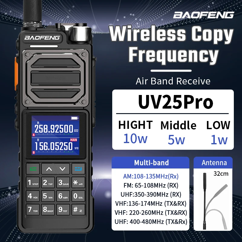 

BaoFeng UV-25Pro Walkie Talkie Multi-band Long Range Ham Radio Copy Frequency High Powerful Portable Type-C Two Way BF-UV25L